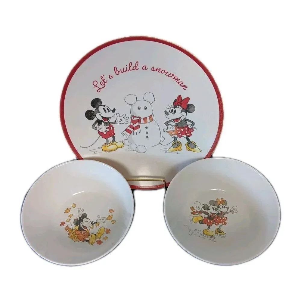 Disney Pottery Barn Plastic Dishes Winter and Fall Mickey Minnie Mouse Flaws